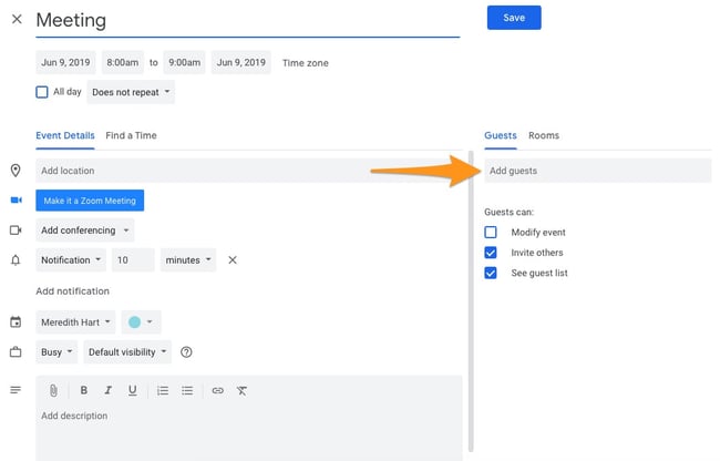 Add guests to the event in Google Calendar using the search feature on the right side of the interface